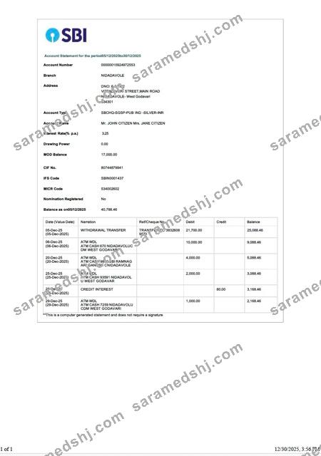 India State Bank of India account statement Word and PDF template, version 3